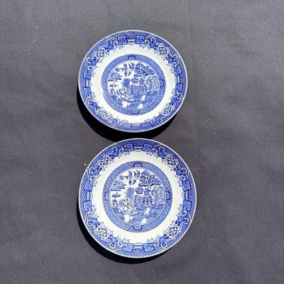 Paar 2er Set Vintage Holzgeschirr Weidenmuster Untertassen blau und weiß 14,5 cm