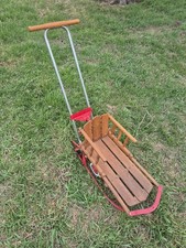 Vintage Red Wooden Childs Snow Sled w/ Walk Behind Handle  WHEELS 25 X 12