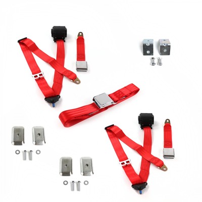 Ford Bronco 1966 - 1977 Airplane 3pt Red Retractable Bench Seat Belt Kit w/ Brac
