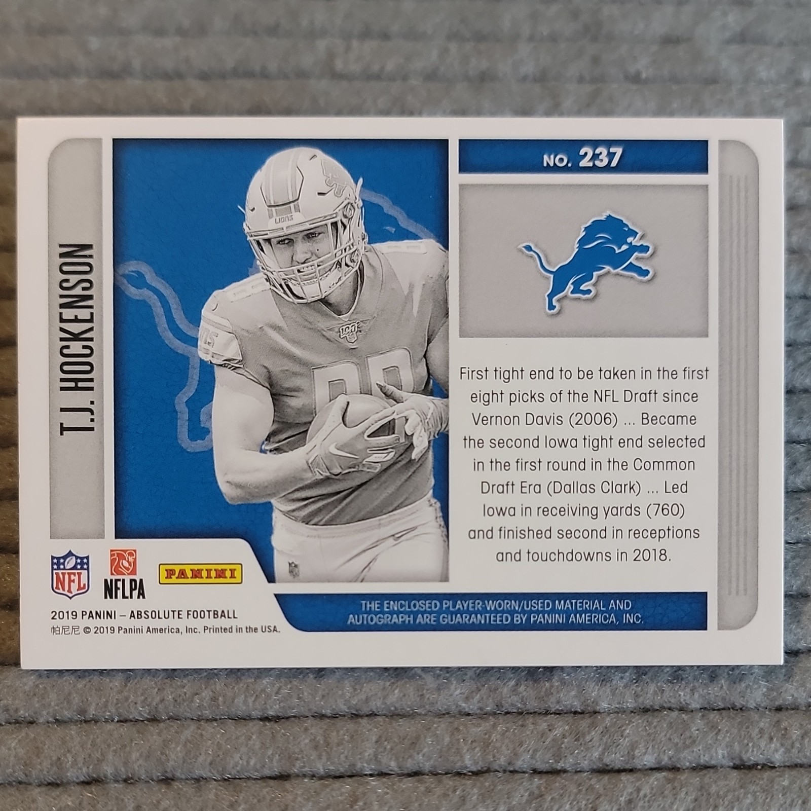 Panini 2019 Absolute T.J. Hockenson Lions #237 RPA Hard Triple Patch 08/99 Auto view 6