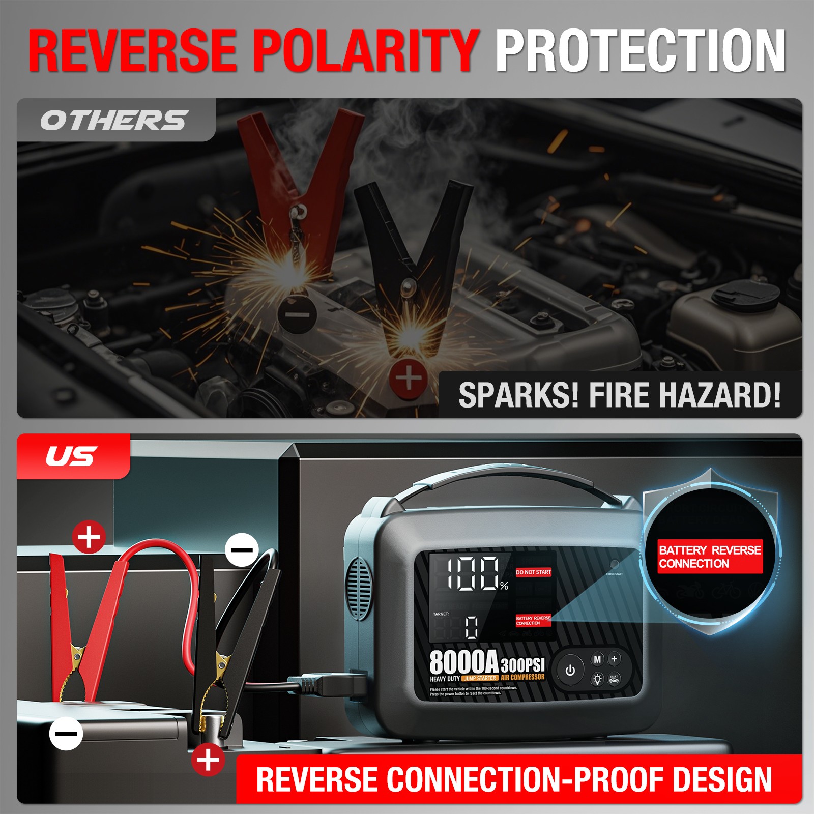 8000A Jump Starter Battery Booster Charger Supersafe Power Bank + Air Compressor