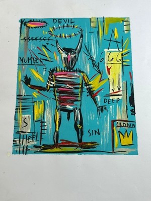basquiat drawing and painting on old paper signed stamped vintage