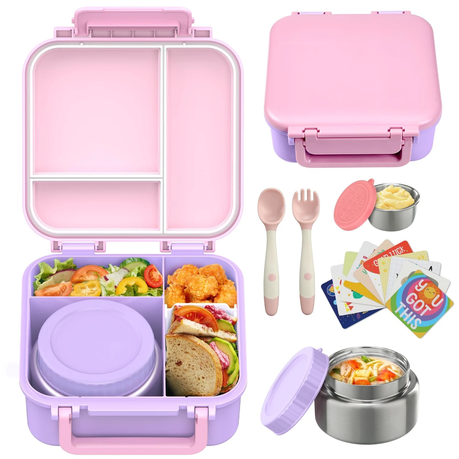 Kids Bento Lunch Box with 9oz Soup Thermo Leakproof Lunch Food Containers 4 C...