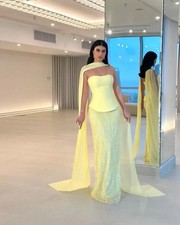 Shinny Yellow Evening Dresses Chiffon Strapless Floor Length Prom Gowns Party