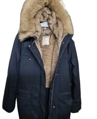 ESPRIT Woman s Coat, Parka Small, Navy with Light Brown Faux Fur Trim, Zipper
