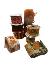 Lot of 8 Fall Leaves Pumpkin Sunflower Wire Edge Ribbon Deco Mesh Partially Used