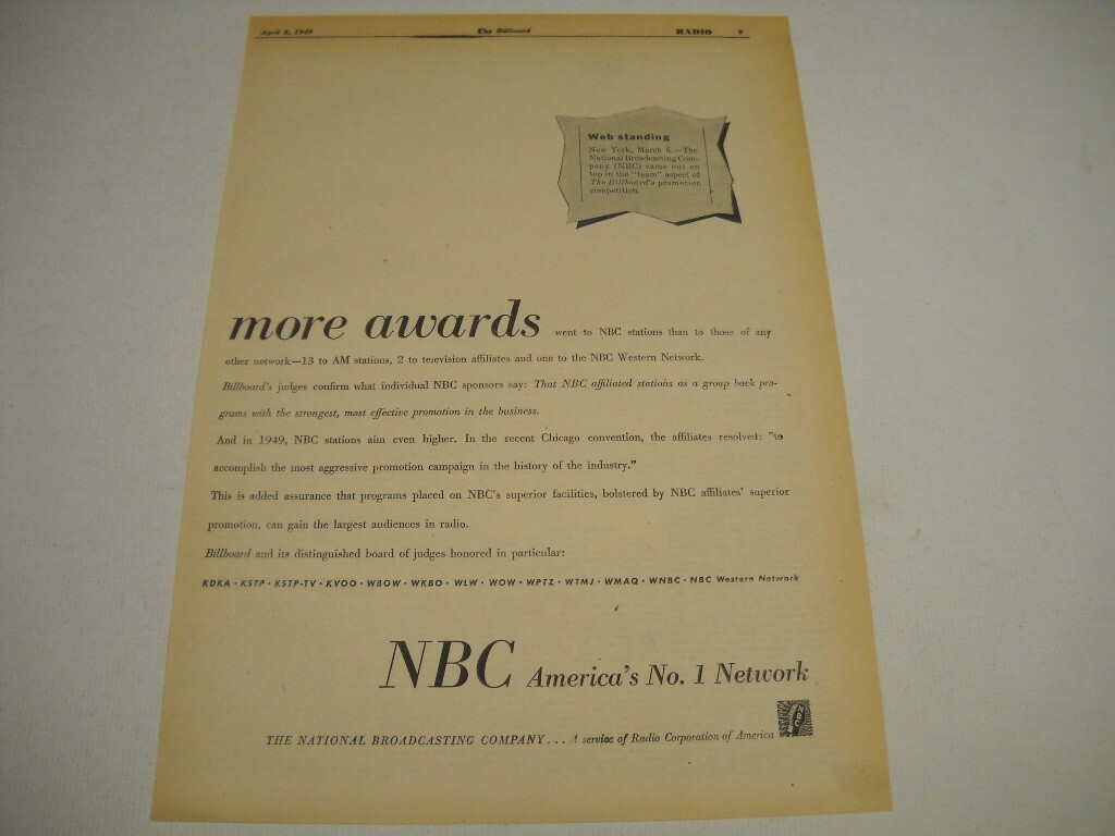 NBC America's No. 1 Network ...more awards... original 1949 Promo Poster Ad