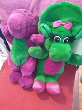 PLUSH VINTAGE 1992 10" Barney Purple Dinosaur & 12" Baby Bop Puppet Lyons Group