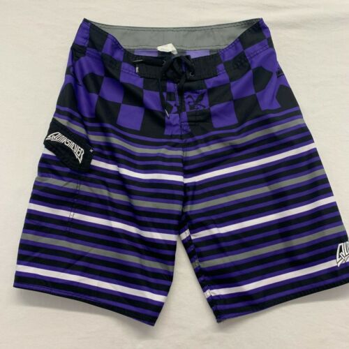 Quicksilver Board Shorts Men's Size 32 Purple White Striped Chekered Polyester S - Picture 1 of 3