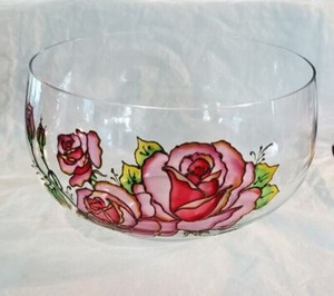 Clear GlassBowl with Hand Painted Rose Flowers- 8 x 5 inches- 