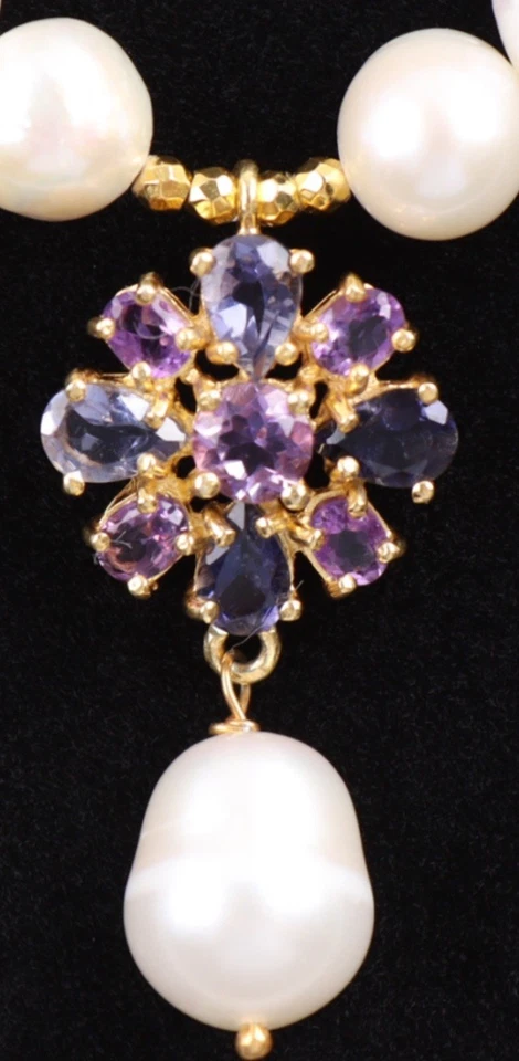  Gold Freshwater Pearl Necklace with Amethyst And Lolite Flower Pendant - Image 2 of 2
