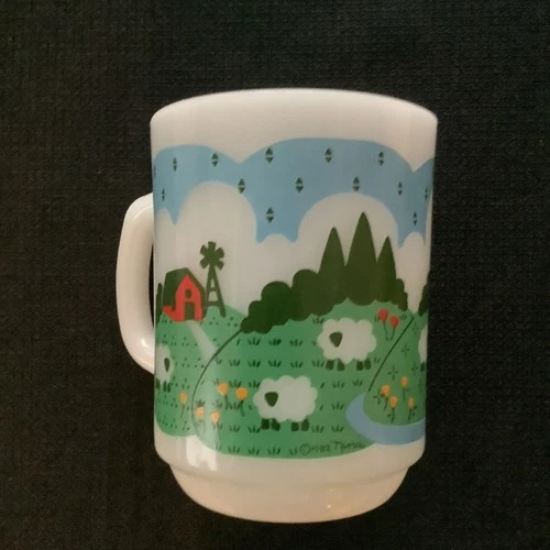 Vintage 1982 Anchor Hocking 301 Milk Glass Mug Cup Meadow Farm Sheep Barn