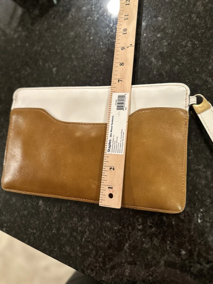 Muñequera clutch vintage de cuero marrón blanco Anne Klein para Calderón Foto 3 de 4