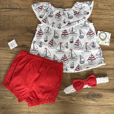 NEW NWT Little Me Girls 12 Months Beautiful Sailboat Short Set With Headband