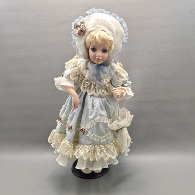 VTG Large Porcelain Girl Doll 19'' Tall, Blue Eyes Blue Dress And Hat w/ Stand