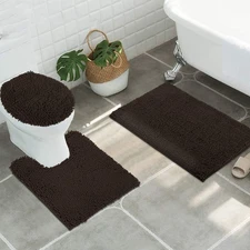 3pc Non-Slip Shaggy Chenille Bathroom Mat Set, Includes 24 x 21 Inches U-Shap...