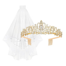 Gold Crown Bride Veil Set, Rhinestone Wedding Bridal Tiara, Bridal Shower Deco