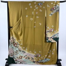 JAPANESE KIMONO FURISODE OCHRE 172cm 5 ft 8 in PURE SILK BB9121