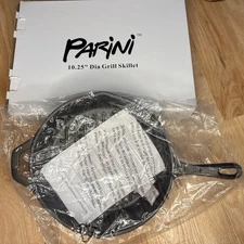 NEW PARINI 10.25 Inch Diameter Grill Skillet with Holes Cast Iron Pre-Seasoned