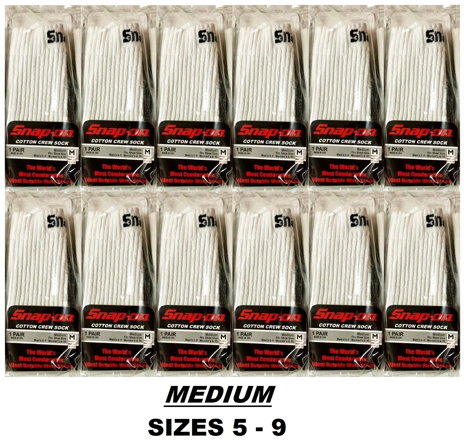 12 PAIRS Men's WHITE Snap-On Crew Socks MEDIUM ~ FREE SHIPPING ~ MADE IN USA NEW