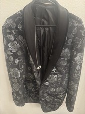 Vercini Tuxedo Jacket Black Silver Floral Pattern Men's Formal
