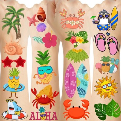 Summer Temporary Tattoos 60Pcs for Kids Beach Pool Party Hawaii