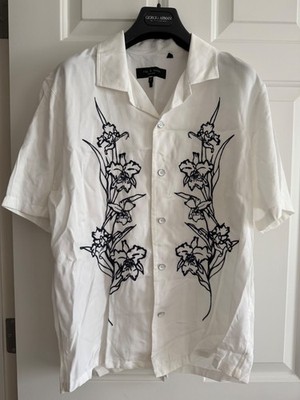 Rag & Bone Men s Embroidered Floral Camp Shirt Small S White Modal Short Sleeve
