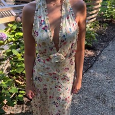 NWT Doen Mazarin Silk Rosette Ruffle Halter Maxi Dress Windswept Blooms Cream