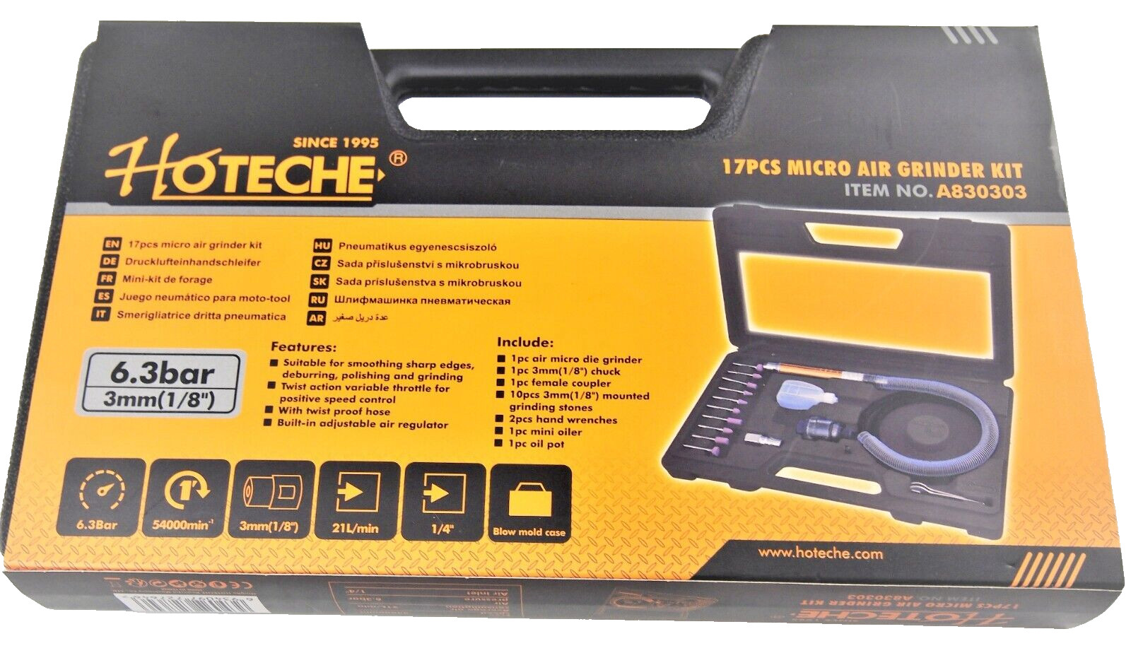 HOTECHE Air Micro Die Grinder Kits 1/8" High speed Pencil Type Carry Case