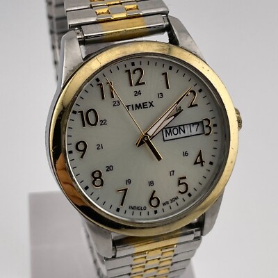 Timex Easy Reader Watch Mens Indiglo Day Date 36mm Case Stretch Bracelet Quartz
