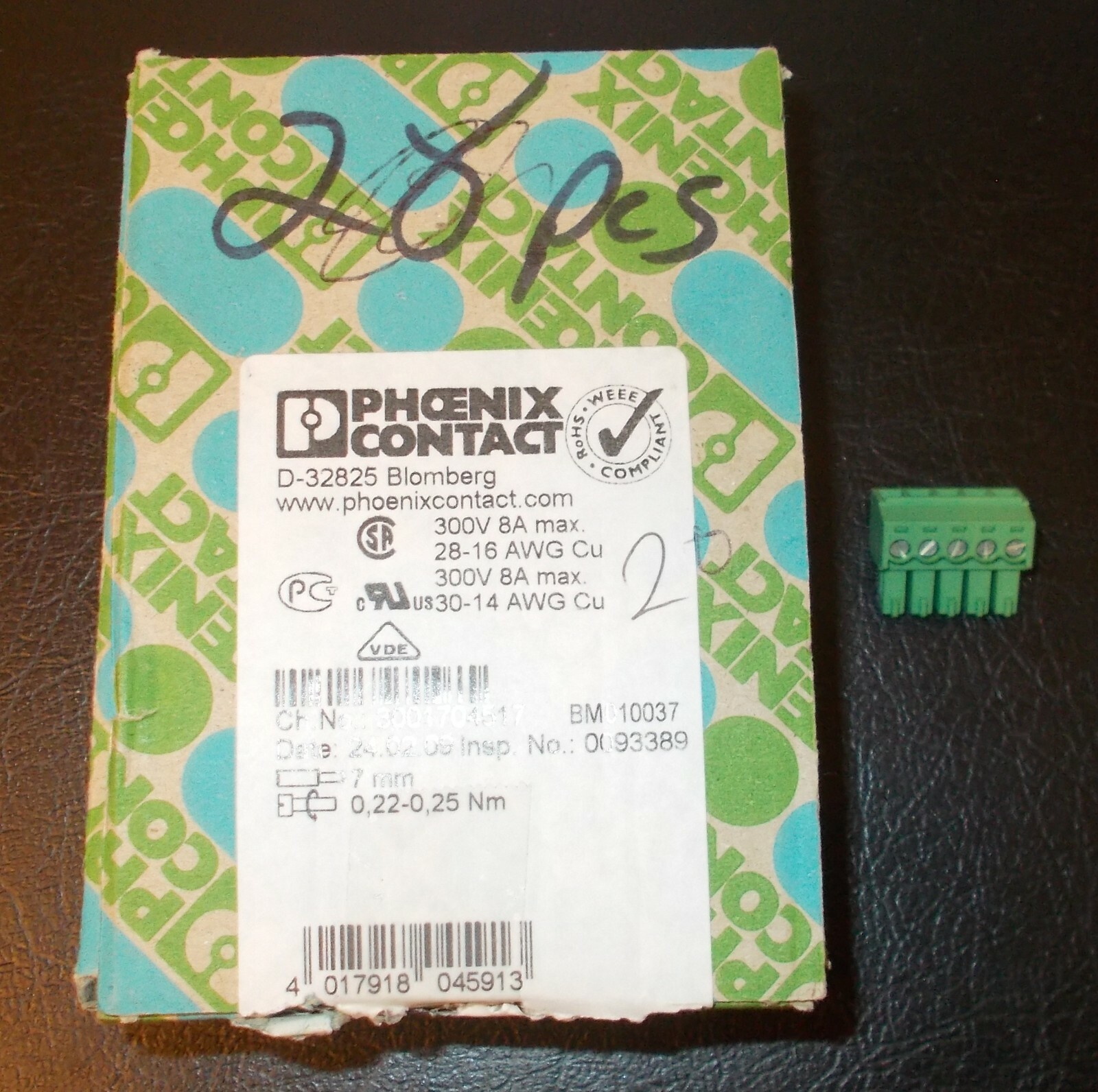 5 Position Terminal Block Plug STR 3.81MM p/n 1803604 Phoenix Contact ...