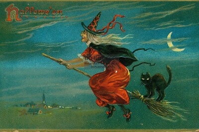 VINTAGE HALLOWEEN WITCH RIDING A BROOM BLACK CAT TUCK 4X6 POSTCARD REPRINT