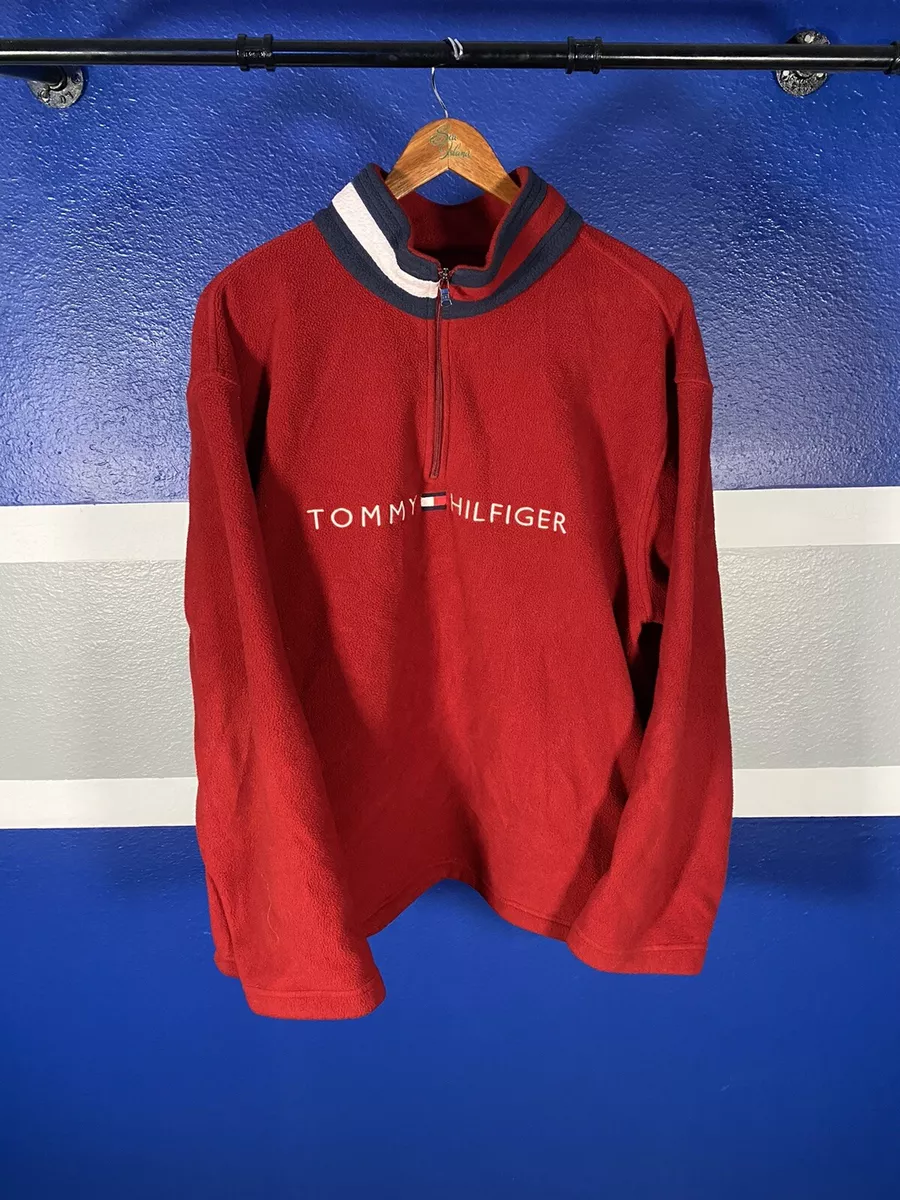 Vintage Tommy Hilfiger Mens Half Zip Fleece Pullover Spellout Red Men’s L