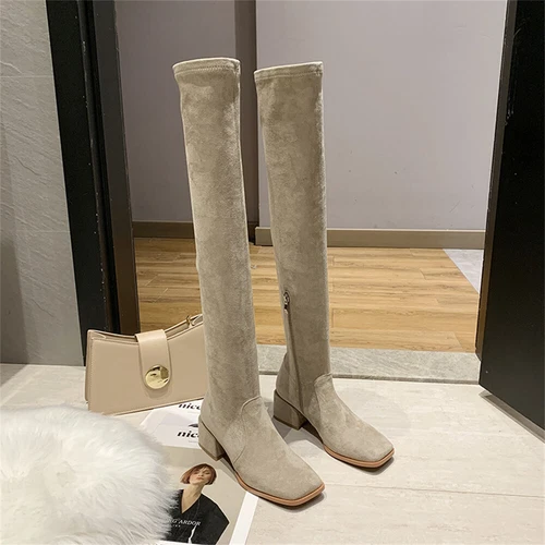 Winter Womens Shoes Stretch Suede Thigh High Low Heels Over-The-Knee Long Boots - Picture 6 of 16