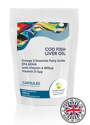 Kabeljau Leber 300mg Kapseln Vitamin A und D Omega 3 Fischöl Packung mit 60