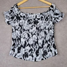 BELLE SKY Top Women's XL Off The Shoulders Black White Floral Print Elastic 