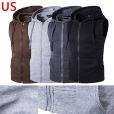 Mens Workout Hooded Tank Tops Gym Sports Training Zip Up Vest Cut Off Hoodies