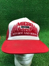 Vtg Migro Seeds Red Hot Rollin White Mesh Trucker Hat Farm Fertilizer Farm Ranch