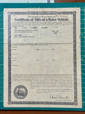 #ad 1953 North Carolina Certificate Of Title Of A Motor Vehicle 1947 5G Chevy 2 Door $99.00