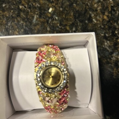 STRADA Pink White Crystal Floral Butterfly Womens Bangle Watch Gold Tone