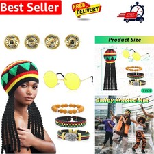 5pcs Rasta Costume Accessories, Rasta Hat with Black Dreadlocks and Yellow Gl...