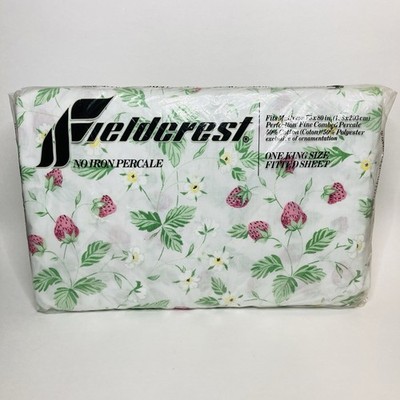 Fieldcrest Perfection KING Fitted Sheet Percale Strawberry Floral Strawberries