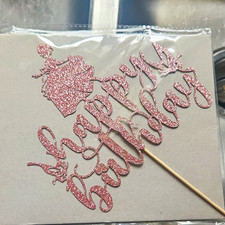Pink Glitter Happy Birthday Cake Topper Pick, Script Girl Silhouette