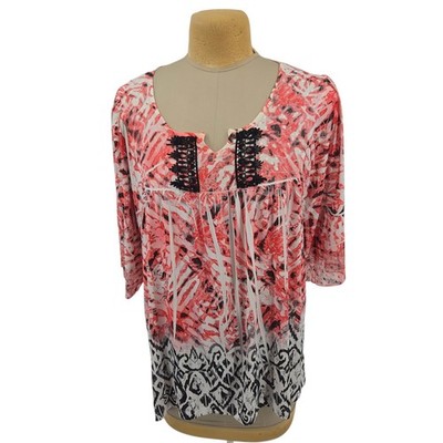 Live and Let Live Tunic Top Womens XL Pink Abstract Stretch 3/4 Sleeve Boho Work