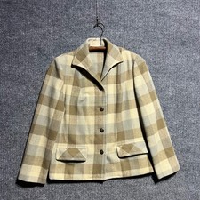 Vintage Pendleton Blazer Women L Beige Plaid Wool Jacket Leaf Button Heritage