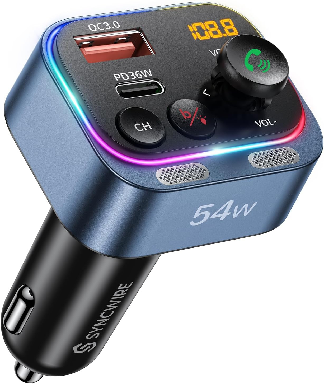 Bluetooth 5.4 FM Transmitter Car Adapter 54W (PD 36W & 18W) [Stronger Dual-Mic]