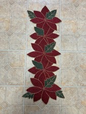 Elegant Beaded Poinsettia Table Runner Centerpiece Christmas Holiday 34 x12