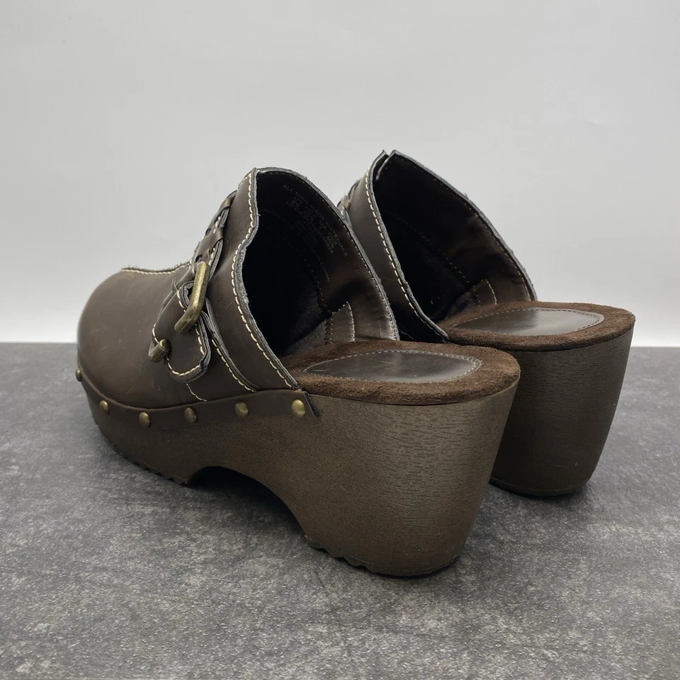 Zuecos de plataforma vintage Route 66 marrón para mujer EE. UU. 8,5 zapatos hebilla tachuelas años 90 Y2K Foto 3 de 4