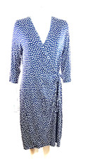 East Navy Size 14 White Spotted Wrap Side TIed Dress Viscose Stretch Casual