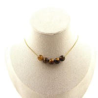 Steine Und MinéRaux. Halskette 5 Perlen Tigerauge 8 Mm. Kette Stahl Golden